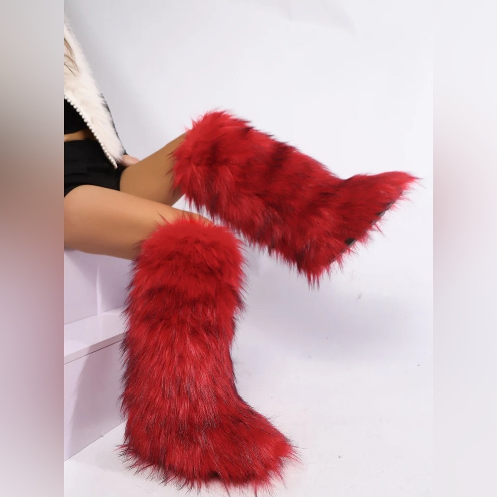 Red Faux Fur High Boots – Plush Winter Fashion Boots